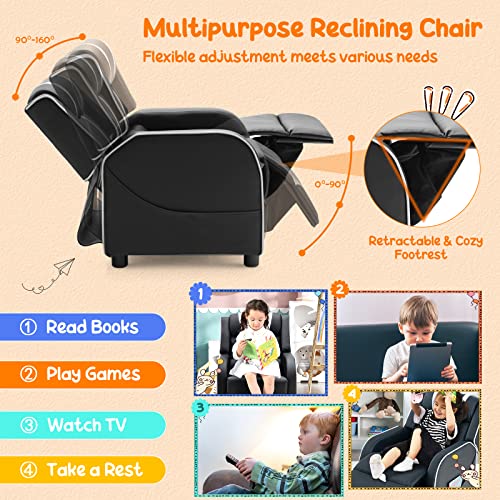Costzon Kids Recliner, Gaming Recliner Chair W/Side Pockets, Footrest, Headrest & Lumbar Support For Kids Room & Play Room, Adjustable Racing Style Leather Sofa For Children Boys Girls (White, Black) #TOP29