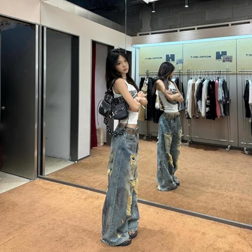 Y2K Jeans Women's Loose Ripped Straight Leg Pants, high Waisted Multi Pocket Jeans4