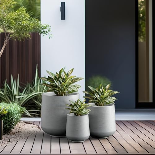 Image of Kante Set of 3 Pale Gray Concrete Curved Round Planters for Modern Home | Handcrafted, Premium, Durable, All-Weather Cement Pot, Drainage for Outdoor, Rubber Plug for Indoor Home, Anti-Frost & UV