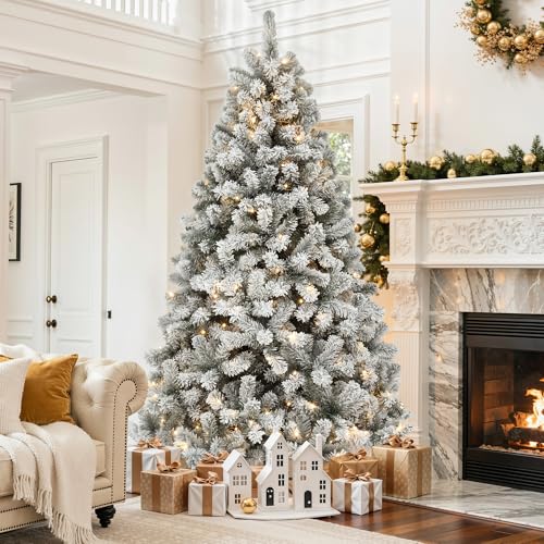 DWVO Flocked Christmas Tree Prelit 6ft, Atificial Christmas Tree with 250 LED Lights Includes Metal Stand, Full Flocked Xmaxs Trees with 1000 Branch Tips, Metal Hinged for Home Party Decoration