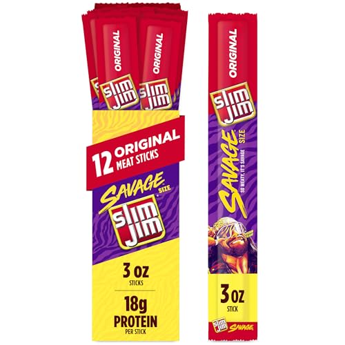 Slim Jim Savage Smoked Meat Sticks, Original Flavor, High Protein, 3.0 oz. (12 Count)