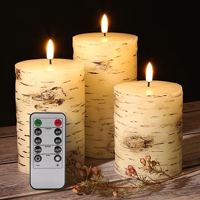 Birch Bark Flameless Pillar Candles with Remote, Flickering Rustic Battery LED Wood Candles Set of 3