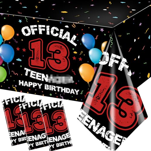 Image of 13th Birthday Decorations for Boys Red Black 13th Happy Birthday Tablecloth for Official 13 Teenager 13 Year Old Boy Birthday Decor