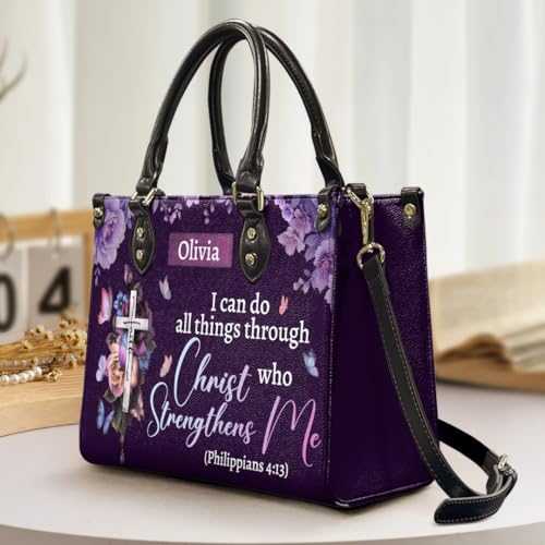 I Can Do All Things Through Christ Who Strengthens Me - Personalized Leather Bag, Custom Name I Can Do All Things Through Christ Who Strengthens Me Leather Bag, Christian Leather Handbag for Women2