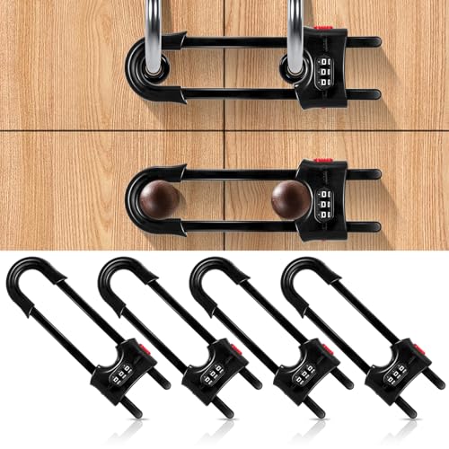 4 Pack Cabinet Locks with Combination U Shaped Sliding Cabinet Door Lock Child Proof Cupboard Locks Baby Proof Adjustable Safety Lock for Closet Code Latches Knob Handle Drawers - Black