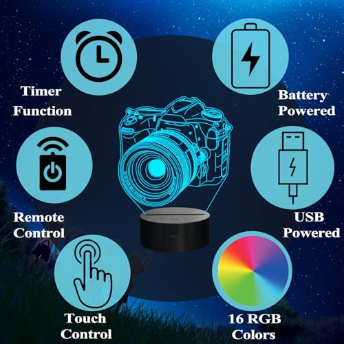 Image of Photographer Gifts for Men, Camera 3D Night Light with Remote Control, 16 Colors Changing, Timer, Dimmable, RGB Flashing Mode, Photography Gifts Gifts for Men Women Christmas Decor