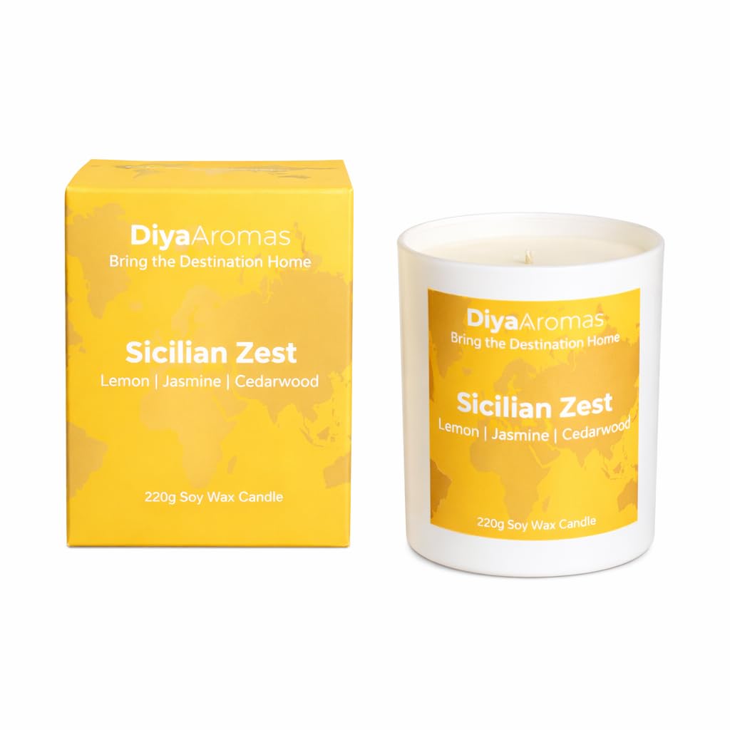 Diya Aromas Luxury Scented Candle 220g – Sicilian Zest | Premium Citrus Home Fragrance for Relaxation & Gifting | Lemon, Bergamot & Jasmine, Soy Wax Candle, Fresh Elegant Home Ambience