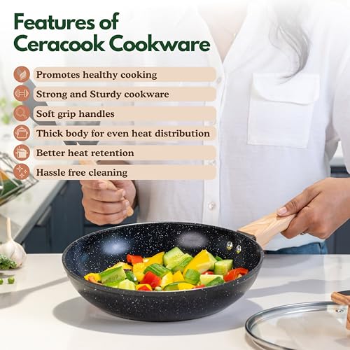 Image of Kreme Ceracook Ceramic Coated Granite Fry Pan 1.8L /24cm with Glass Lid, ISI Certified Frying Pan, Forged Aluminium, Gas & Induction Use, Non Toxic, PFAS & PTFE Free, 1 Year Warranty, Black