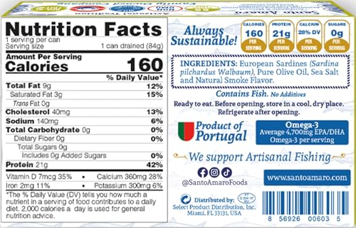 Image of Santo Amaro - Authentic European Sardines in Olive Oil, Wild Caught and Hand-Packed in Portugal, Lightly Smoked Canned Sardines with 21g Protein, Keto, Paleo, Low Mercury, Pack of 12