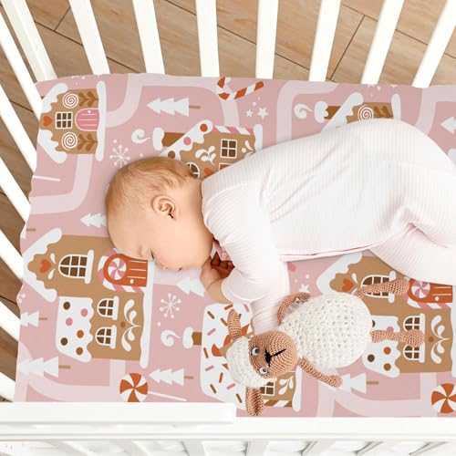 Image of Fitted Crib Sheets Gingerbread House Christmas Tree Pink Stretchy Portable Playard Sheets for Baby Toddler, Breathable Soft Mini Crib Mattress 39 x 27 in for Boys and Girls