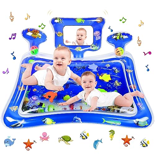 Image of Aolso Tummy Time Water Mat, Tummy time Water Play Mat for Baby with Mirror and rattles, Inflatable Sensory Playmat Babies Belly Time Pat Indoor Pad 3 to 12 Months Promote Development Toys