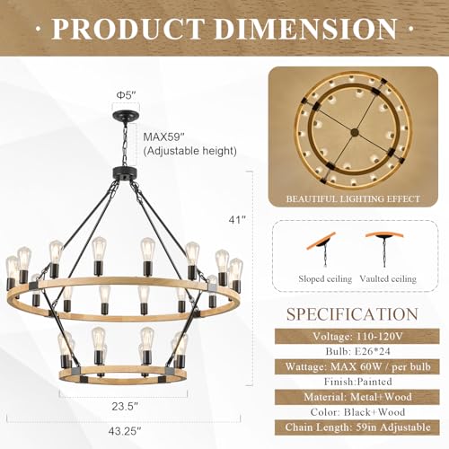 Image of Natural Wooden Wagon Wheel Chandelier 24-Light 43.3 inch Light Fixture