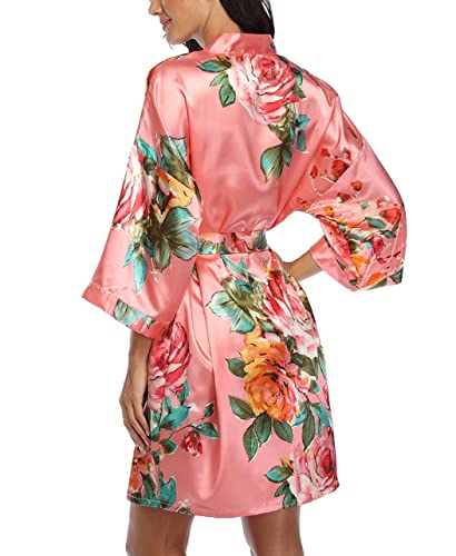 Image of VOGMATE Floral Silk Robes for Women Short Satin Kimono Bride Bridesmaid Robes Bathrobe