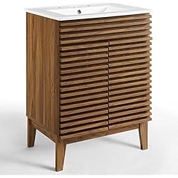 Modway Render Mid-Century Bathroom Vanity With Sink in Walnut White,24 Inch