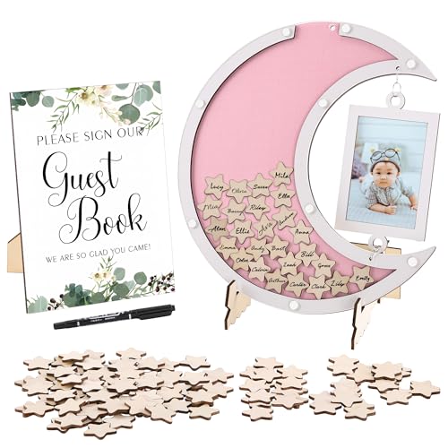 Filhome Livro de visitas para batismo com moldura de fotos e 60 troncos de madeira e lua de madeira para escrever para chá de bebé, aniversários, casamentos