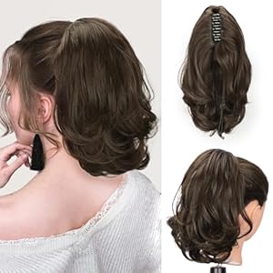 KooKaStyle Ponytail Extension, 10″ Short Claw Clip in Pony Tails Hair Extensions Curly Wavy Synthetic Drawstring Hairpieces for Women(Cedar Brown)