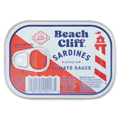 Beach Cliff Wild Caught Sardines in Tomato Sauce, 3.75 oz Can - 16g Protein per Serving - Gluten Free, Keto Friendly - Great for Pasta & Seafood Recipes