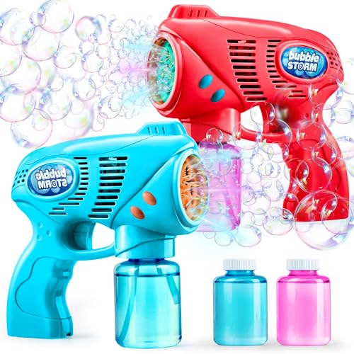 2 pistolas de bolhas para crianças com 2 x 148 ml, solução de recarga de bolhas, brinquedo de verão, atividade ao ar livre, páscoa, presente de aniversário, presentes de festa