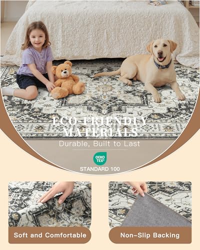 Madane Washable Entry Rug 3x4, Area Rugs for Entryway Kitchen Bathroom Door Mat Indoor Entrance, Vintage Floral Print Office Runner with Non Slip Rubber Backing, Black