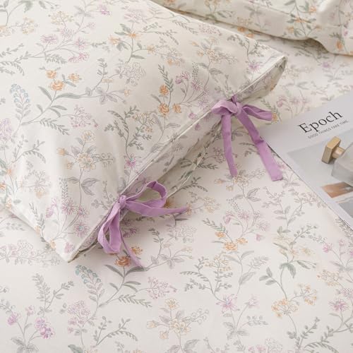 Image of LifeTB Vintage Floral Comforter Set King, Cottagecore Aesthetic Cute Flower Pattern Comforter for All Seasons, Lightweight Coquette Bedding Set Flowers Botanical Comforter with 2 Bow Ties Pillowcases