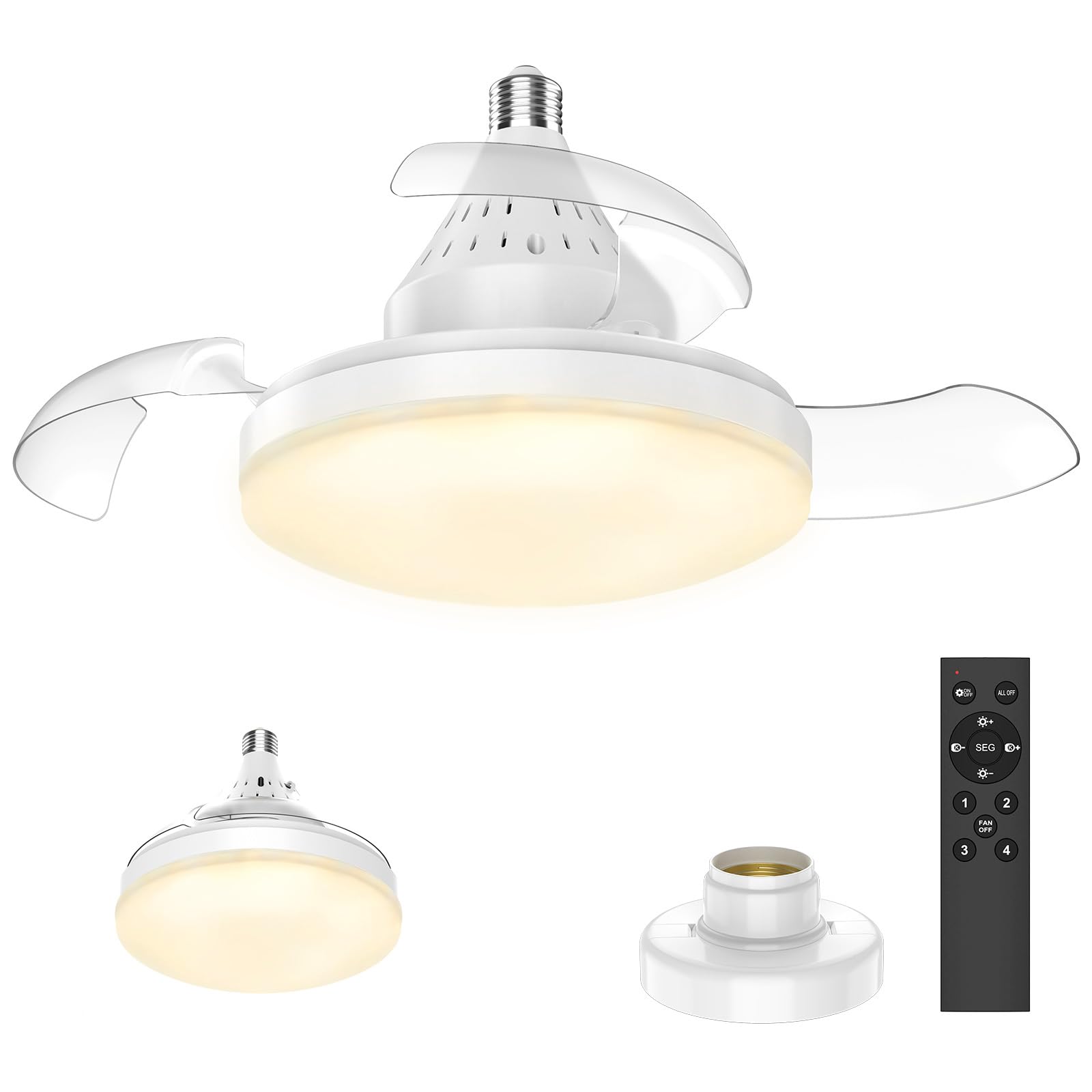 IERAKOR Ventilatore da Soffitto con Luce LED Dimmerabile e Telecomando | Plafoniera con Ventilatore Silenzioso, Pale Retrattili, 4 Velocità, Attacco E27, 3 Colori, er Camera da Letto e Soggiorno