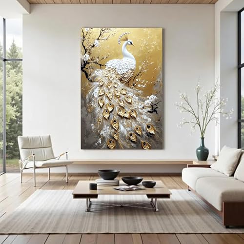Tableau paon blanc luxe decoration chic grand format 30x40cm - 3