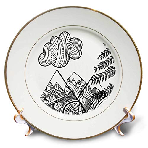 3dRose 8 inch Porcelain Plate - Black and White Patterned Mountain Scene Illustrations