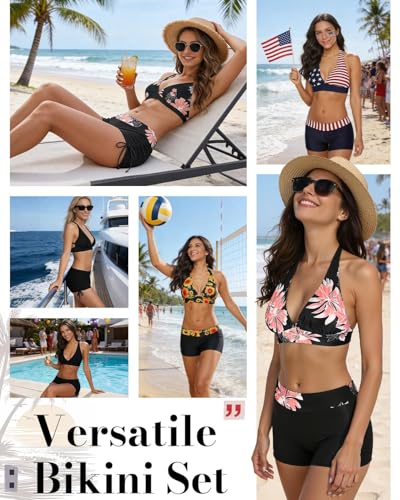 Century Star Women Swimsuit Halter Push Up Top Boyshort Bikini Set Two Piece Bathing Suit Swimwear Sunflower Print 10-12