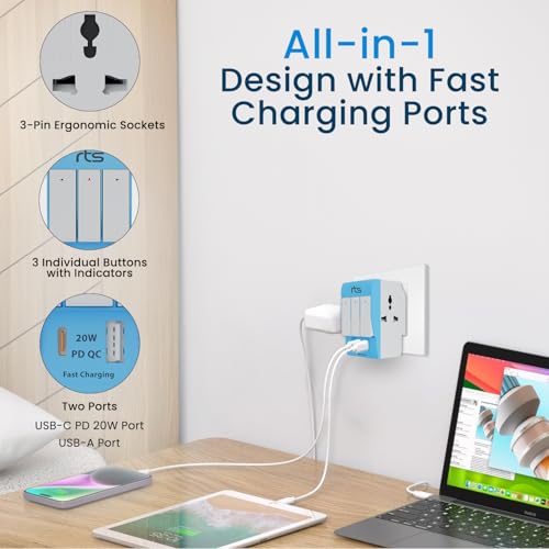 Image of Rts 3 Pin Multi Plug Socket-Worldwide Universal Travel Adapter with USB Ports & Type-C PD Individual Switch Safety Shutter LED Indicator-3 Way Plug Socket (5A-250V) Type D Plug for Home Office Blue