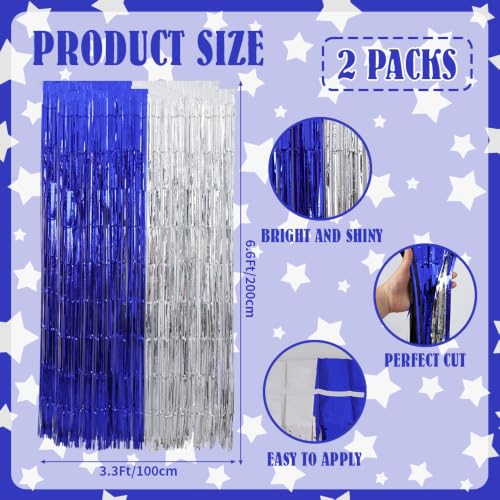 Image of TONIFUL 2Pcs Blue and Silver Metallic Tinsel Foil Fringe Curtains Streamers | 3.3ftx6.6ft Photo Booth Backdrop Tinsel Streamer Curtain for Boys' Men's Birthdays Baby Shower Retirement Graduation Party