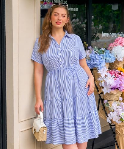 Image of CARCOS Plus Size Dresses for Curvy Women Collared Vneck Short Sleeve Dresses Midi Summer Ruffle Dress with Pocket XL-5XL