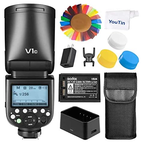 Godox V1C Rundblitz-Kit für Canon - 2,4 G HSS 1 / 8000S TTL Rundkopf-Blitzgerät der Kamera, 1,5 Sek. Recyclingzeit, 2600 mAh Lithiumbatterie Cover