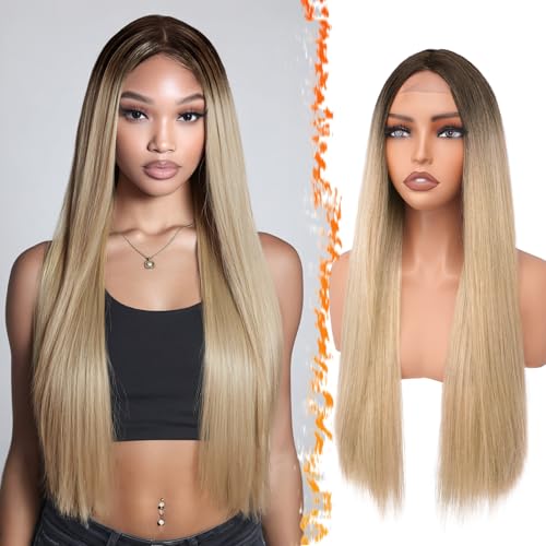 BARSDAR Lange Gerade Perücke, 71cm Lange Gerade Mittelscheitel Blond Ombre Perücke für Damen Natürliche Haarperücken Synthetische Haar Wigs Spitzenfront Perücken Party Cosplay Halloween BARSDAR Lange Gerade Perücke, 71cm Lange Gerade Mittelscheitel Blond Ombre Perücke für Damen Natürliche Haarperücken Synthetische Haar Wigs Spitzenfront Perücken Party Cosplay Halloween