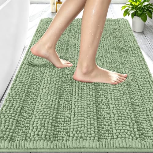 Image of Smiry Thick Chenille Bathroom Rugs 30x20, Absorbent Bath Mat, Sage Green | Quick‑Dry & Machine Washable, Non‑Slip Bath Carpet, Soft Striped Bath Rugs for Tub & Shower, Modern Home Decor Accessories