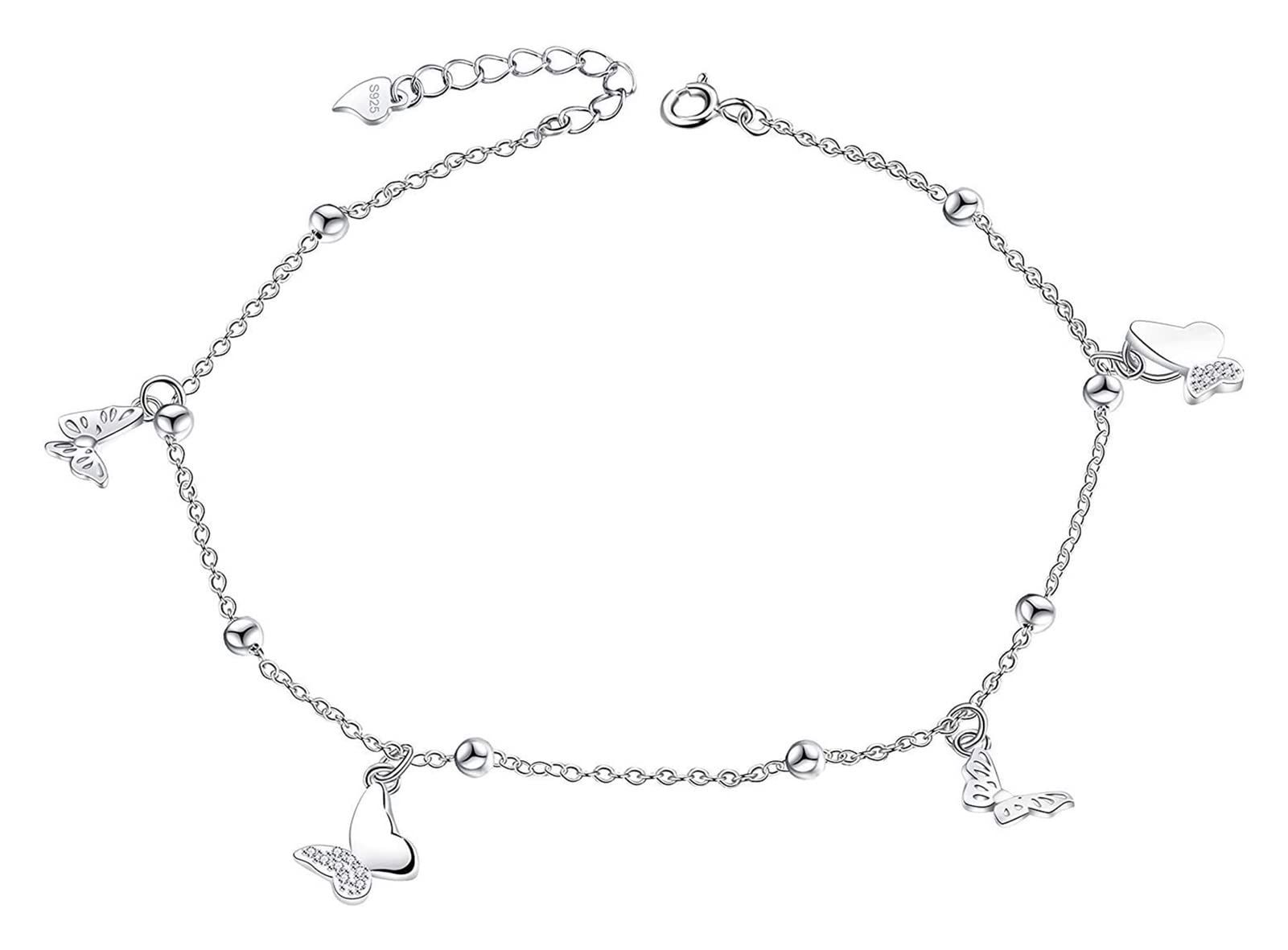 Tobillera ajustable de plata de ley 925 con diseño de mariposa, 25 cm, circonita cúbica 3A, tobillera ajustable