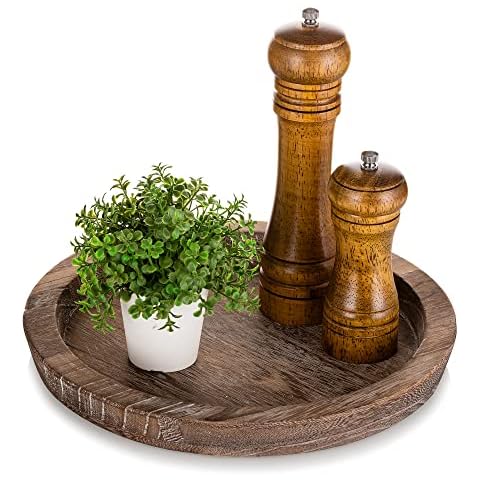 Hanobe Rustic Wooden Serving Tray: Round Wood Butler Decorative Tray Vintage Centerpiece Candle Holder Trays Farmhouse Ottoman Tray for Decor Countertop Home Decor Accessories for Coffee Table Cover