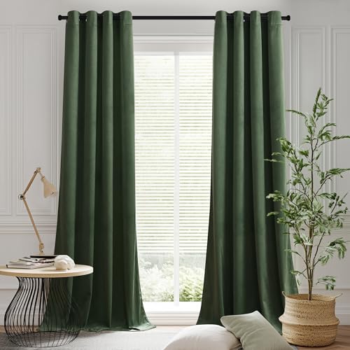 PONY DANCE Green Velvet Blackout Curtains 84 inches Long, Thick Light Blocking Curtains for Living Room Bedroom,Soft Heavy Thermal Insulated Window Drapes, 2 Panels Set, 52Wx84L, Olive Green