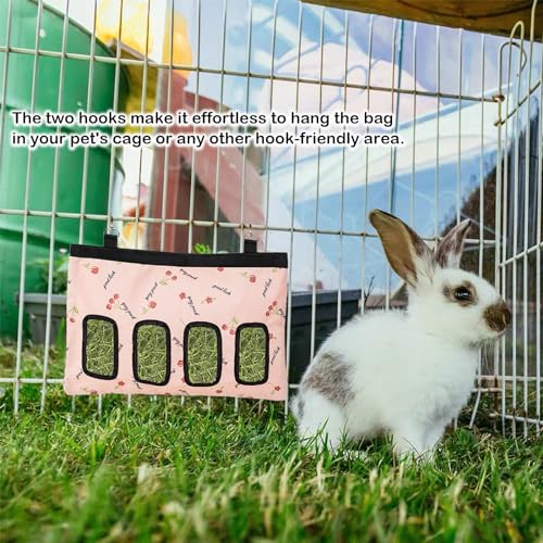 rabbit hay feeder bag large capacity rabbit hay bag small animal hanging hay bag 600d oxford cloth bunny hay feeder bag for rabbits guinea pigs chinchillas pink-4 holes-1pcs