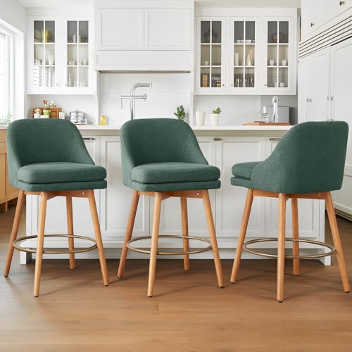 Image of kinmars Modern Bar Stools Set of 2,Swivel Counter Height Bar Stools with Soft Upholstered Back,Thick Seat,Wooden Legs, 27 inch Counter Stools for Kitchen Island (Green, 3 Pieces - 27 inch Counter Height)