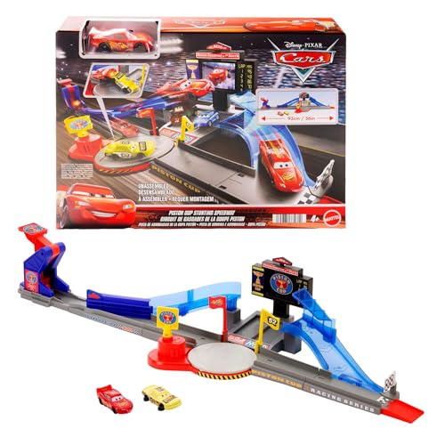 Mattel Disney y Pixar Cars Conjunto de Juego y Coches, Rayo Mcqueen burlón y Coche aplastado Conjunto de Juego de Pista de Carreras acrobáticas Copa Pistón, JHL42