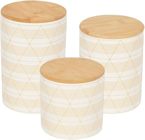 Home Basics Diamond Stripe - Juego de recipientes de cerámica con tapa de bambú, 3 piezas, color blanco