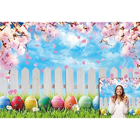 Allenjoy Spring Easter Backdrop Colorful Eggs Pink Cherry Blossoms Flower Blue Sky Photography Background Kids Party Supplies Decor Banner Portrait Studio Prop Photobooth Gift 7x5ft Cover