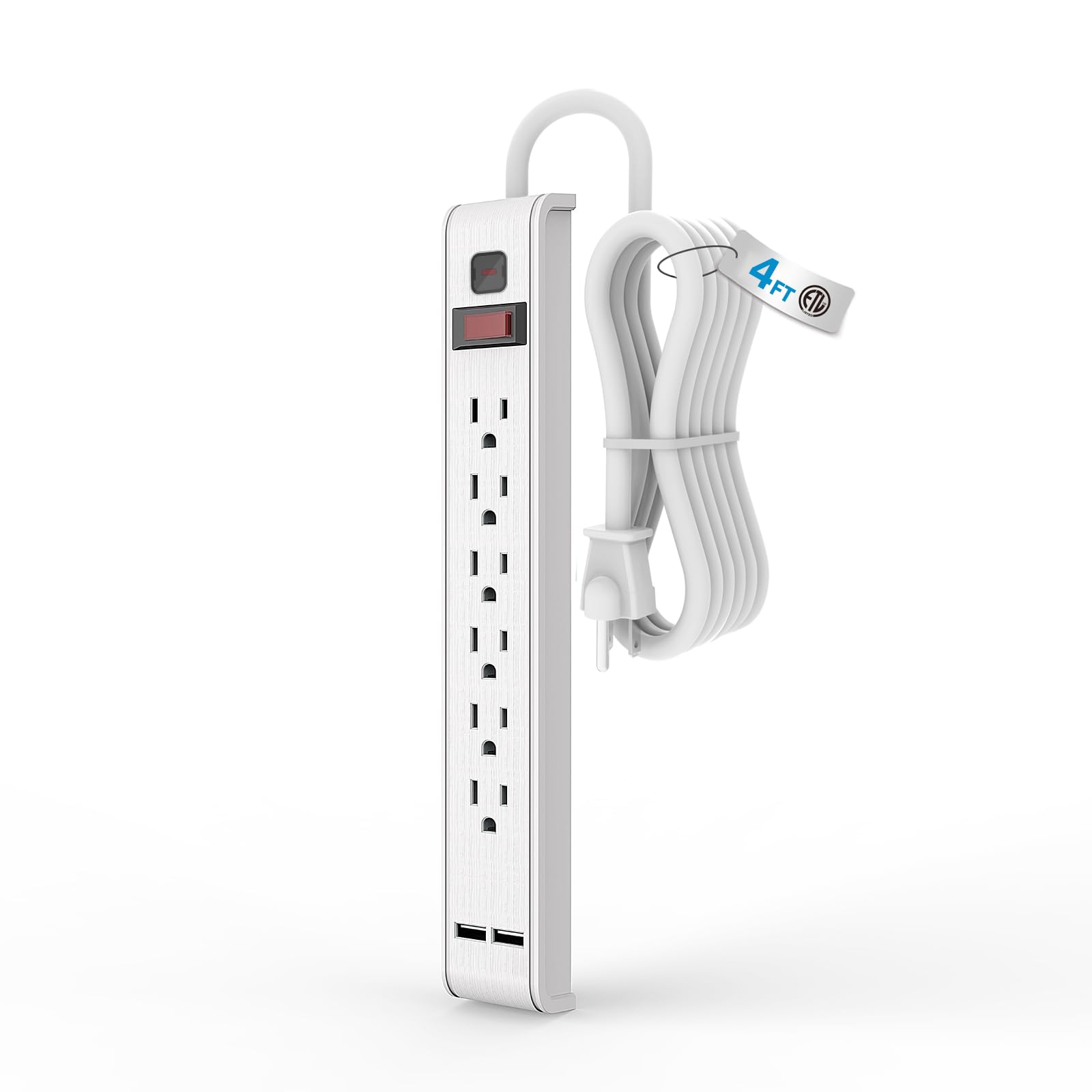TiFFCOFiO Power Strip Surge Protector, 6 Outlets with 2 USB Ports, 4 Feet Extension Cord, 600 Joules, Wall Mountable for Home, Office and Dorm, 15A/1875W, ETL Listed