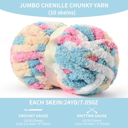 Image of 10 Pack Jumbo Chunky Yarn for Hand Knitting, Fluffy Variegated Chunky Chenille Yarn for Crocheting, 240yds /70.5oz Super Bulky Soft Crochet Baby Blanket Yarn(Candy)