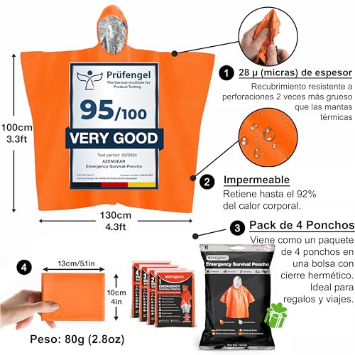 aZengear Poncho de Supervivencia (4 Piezas) Mantas térmicas de Emergencia para retención de Calor y Lluvia | Reversible con Capucha, Impermeable, Resistente al Viento | Senderismo (Naranja) - Image 3