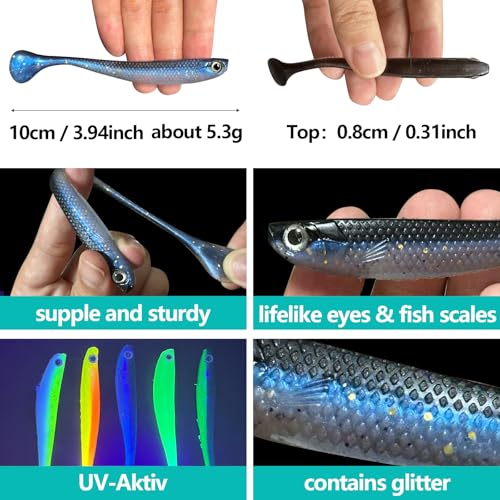 VEYCVLA Fishing Gummifische Zander Set 10 cm 5 Stück Farben Gummiköder Zander-Angeln-Softbait Angelköder UV-Aktiv,Gummi Fische Gummifisch Set Zander-Gummifisch Zander Köder
