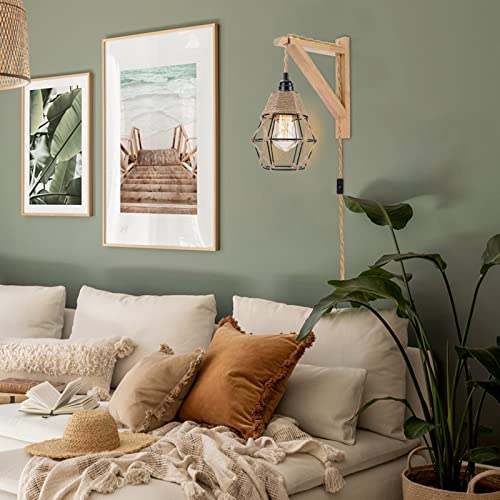Frideko Wall Lamp With Plug In Cord - Plug In Wall Sconces, Farmhouse Hanging Lamps That Plug Into Wall Outlet, Rustic Wall Mount Lamp With Wood Shelf Bracket & Switch Cord For Living Room, Bedroom #TOP5
