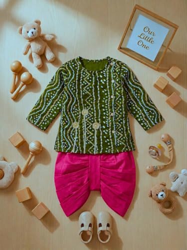 Image of Pspeaches Boys Rayon Full Sleeves Round Neck Bandhani Print Angrakha Kurta and Dhoti Pant 2 Piece Set|Ethnic Wear For Cute Baby Boys|Traditional & Festive Outfit