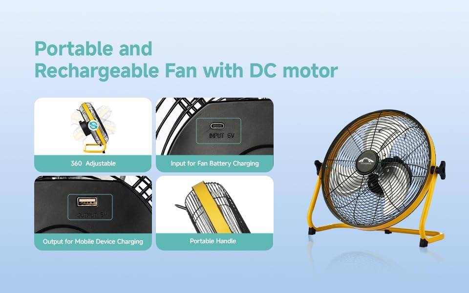 Miniatura 4 de Tech Drive Ventilador de piso, ventilador portátil de 14 pulgadas con hoja de metal e inclinación ajustable de 360, ventilador inalámbrico