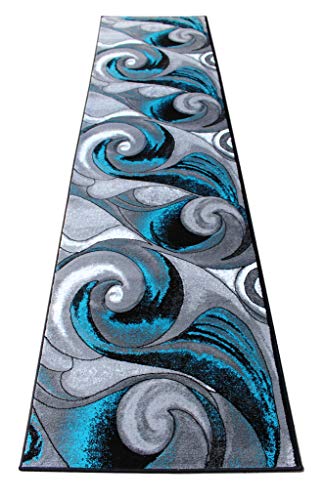 Masada Rugs, Modern Woven Runner Turquoise Area Rug, Hand Carved (32 Inch X 10 Feet) Runner #TOP5